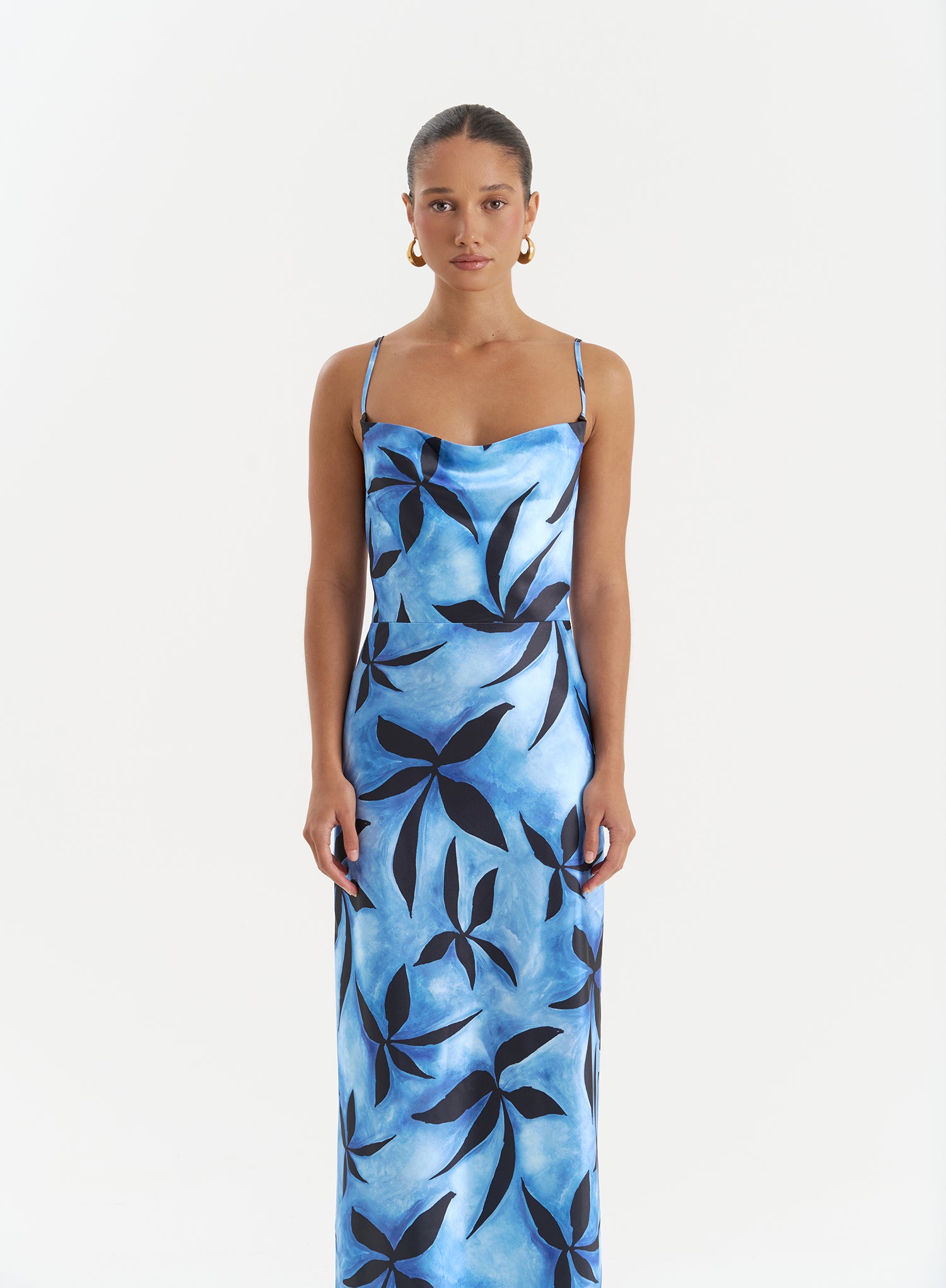 Blue Floral Print Satin Maxi Dress- Monique